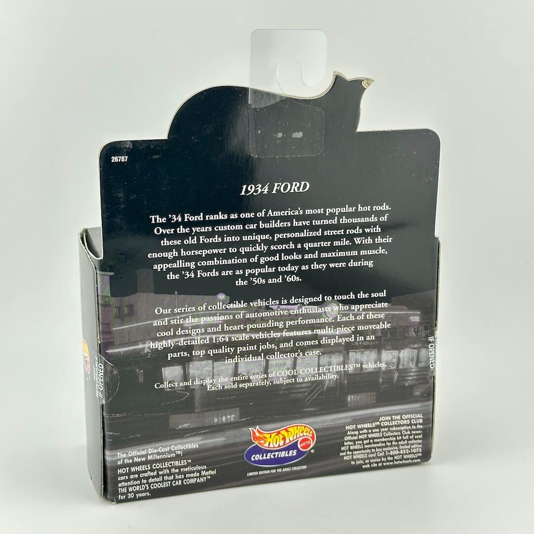 Back view of a Hot Wheels Collectibles 1934 Ford blister card packaging, showing printed text.