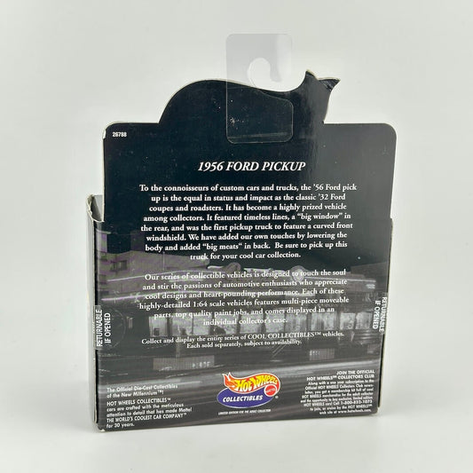 Back of a Hot Wheels Collector's 1956 Ford Pickup card pack, showing product details.