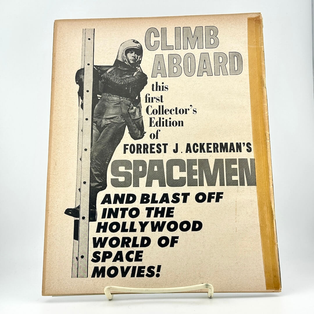Book cover of 'Spacemen' by Forrest J. Ackerman with a spaceman illustration on a beige background.