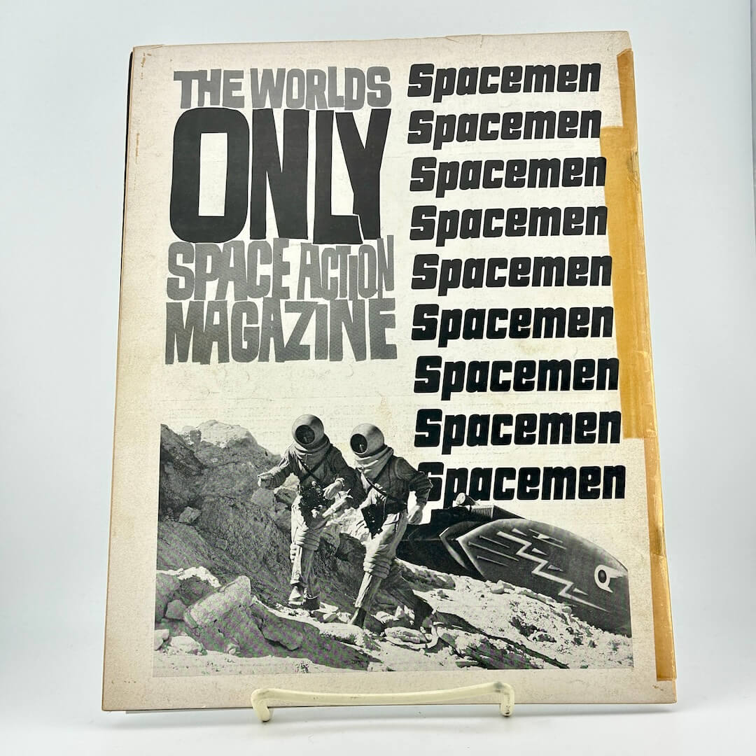 Vintage magazine cover with astronauts on a planet, titled 'The World's Only Space Action Magazine'.