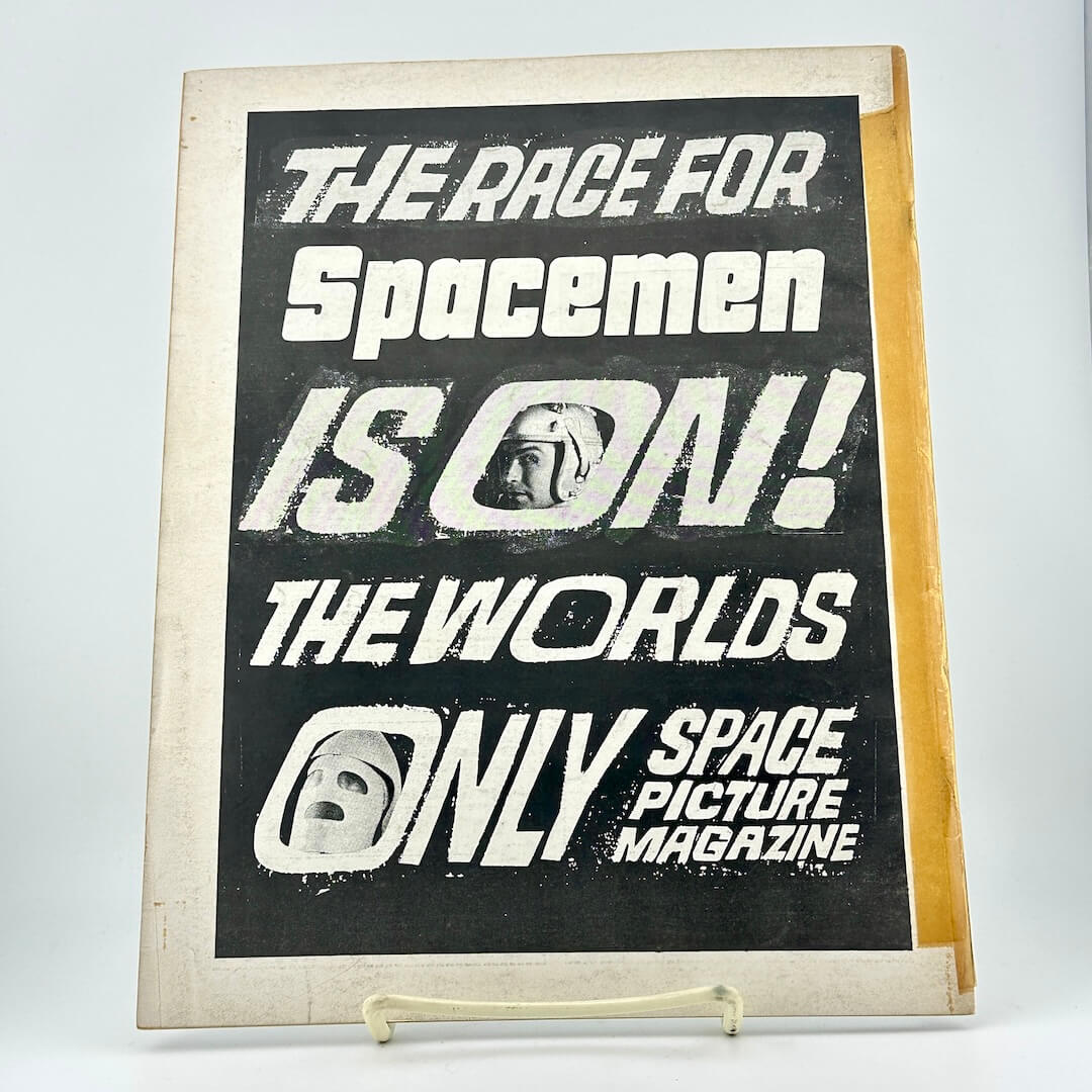 Vintage magazine cover with text 'The Race for Spacemen is On! The World's Only Space Picture Magazine' on a light gray background.
