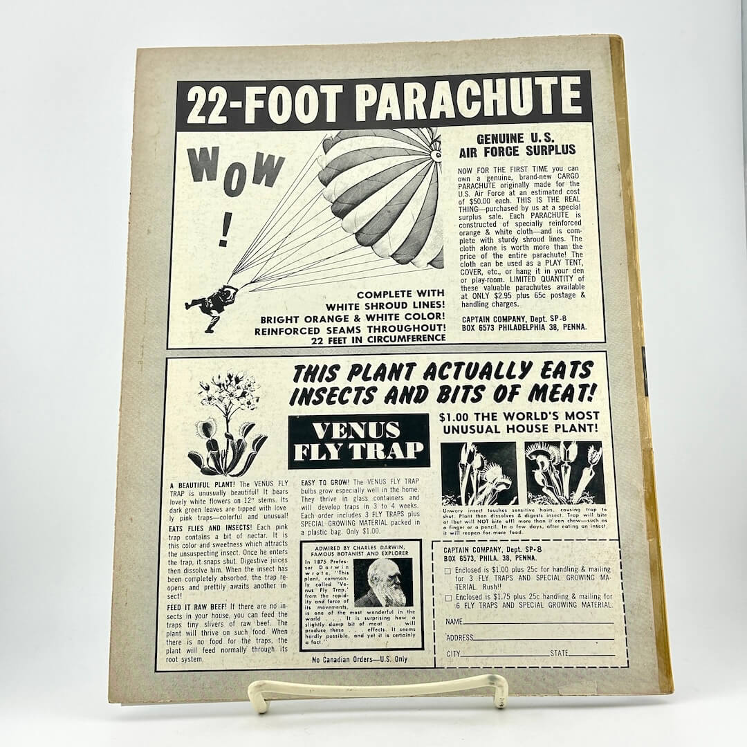 Vintage-style advertisement for a 22-foot parachute and Venus fly trap on a white background