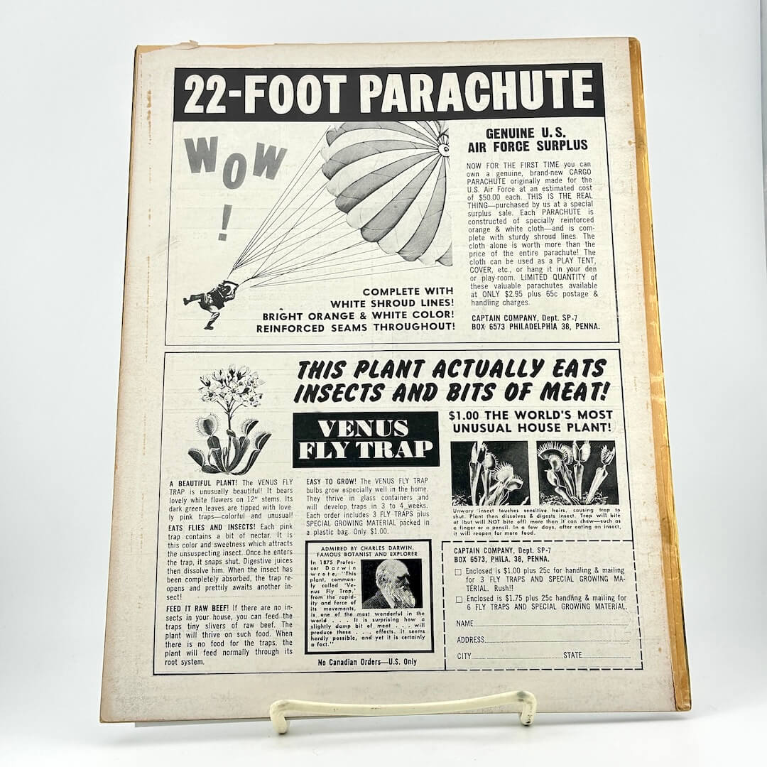 Vintage-style advertisement for a 22-foot parachute and Venus fly trap on a white background
