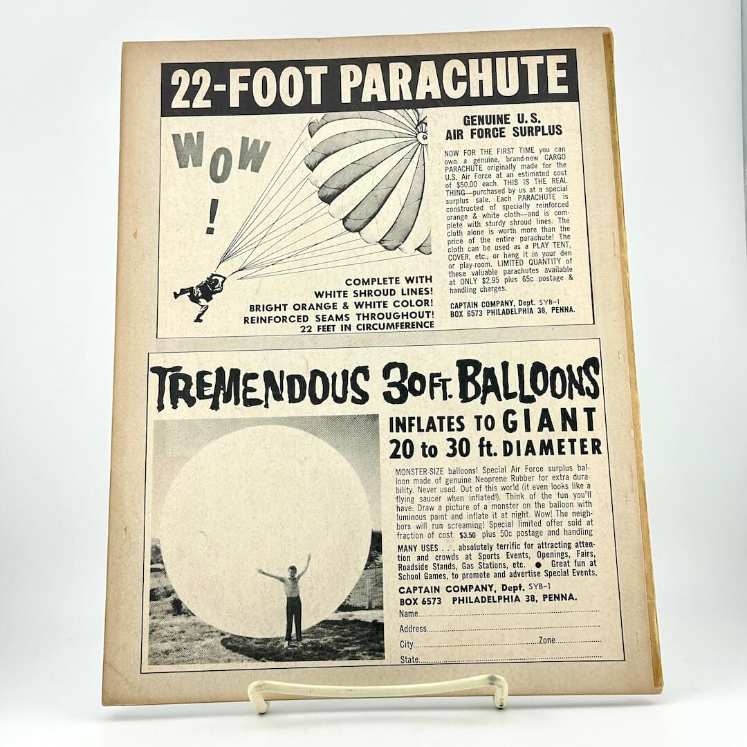 Vintage advertisement for 22-foot parachute and 30-foot balloons on a white background