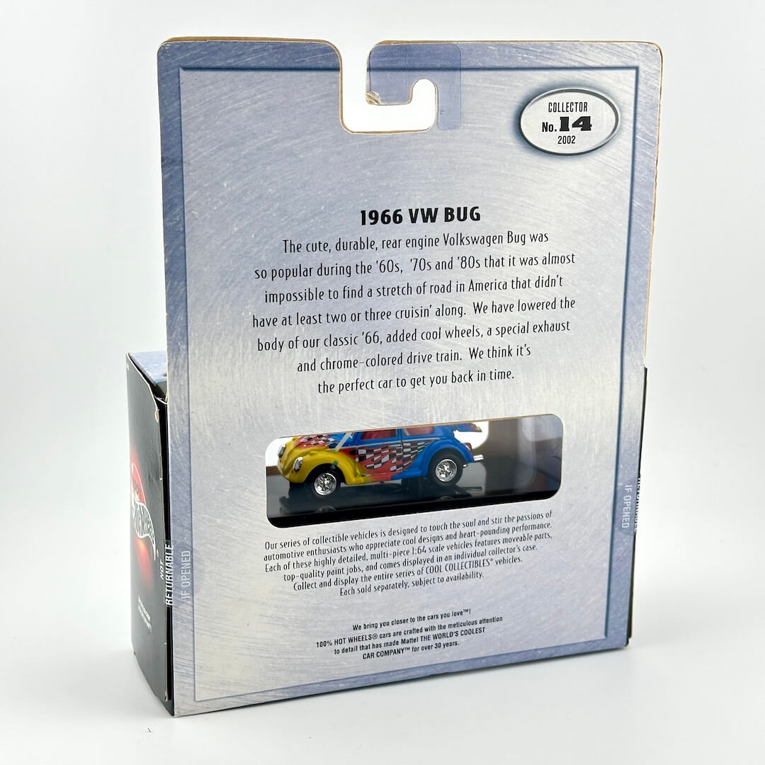 Packaged 1966 Volkswagen Bug collector die-cast model car, shown from the back of its original box on a white background.