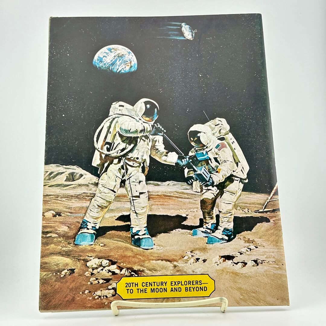Illustration of astronauts on the moon with Earth in the background, labeled '20th Century Explorers to the Moon and Beyond'.
