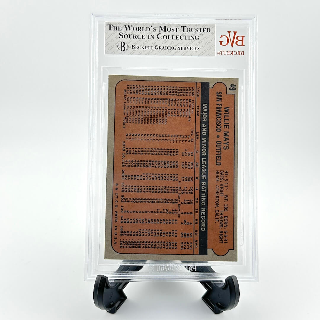 Vintage baseball card in a clear display case with Beckett Grading Services logo.