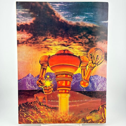 Back cover of robot holding gun on a futuristic landscape.