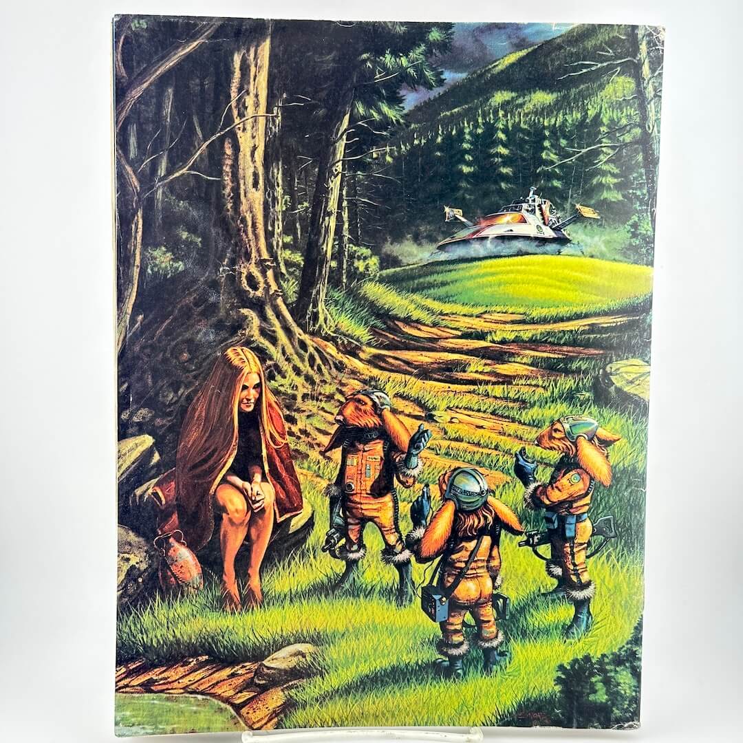Back cover of magazine with woman crouching addressing three small figures in wooded area.
