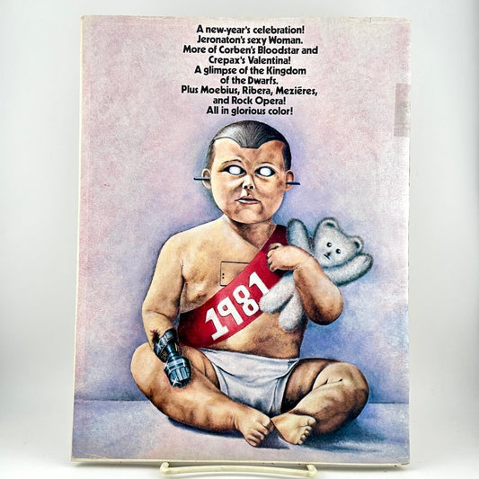 Back cover of magazine with baby robot holding teddy bear under issue highlights.