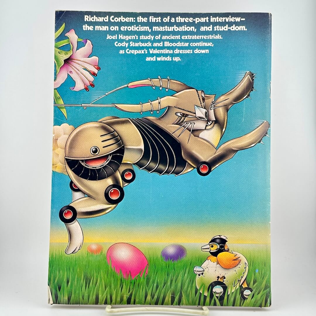 Back cover of magazine with list of contents highlights above a cyborg style rabbit leaping.