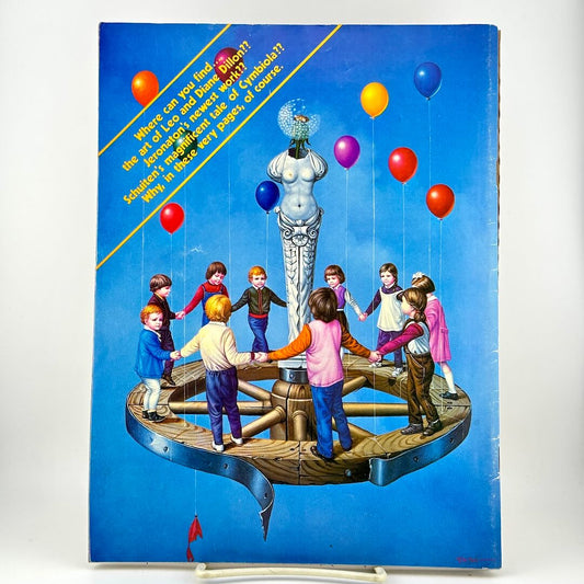 Back cover of magazine with ring of children playing around a statue and list of contents highlights