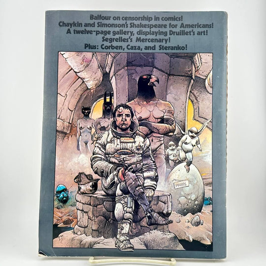 Back cover of magazine with list of contents highlights above illustration of spaceman among alien creatures.