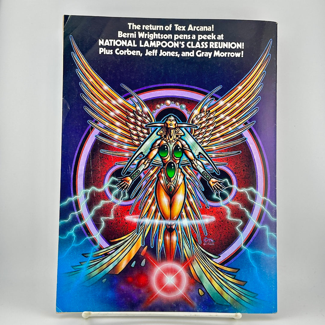 Back cover of magazine with a colorful illustration of a winged female figure.
