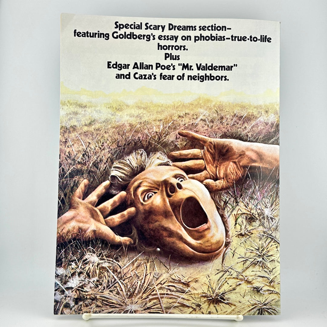 back cover of magazine featuring a surreal illustration of a screaming face and hands emerging from a grassy field.