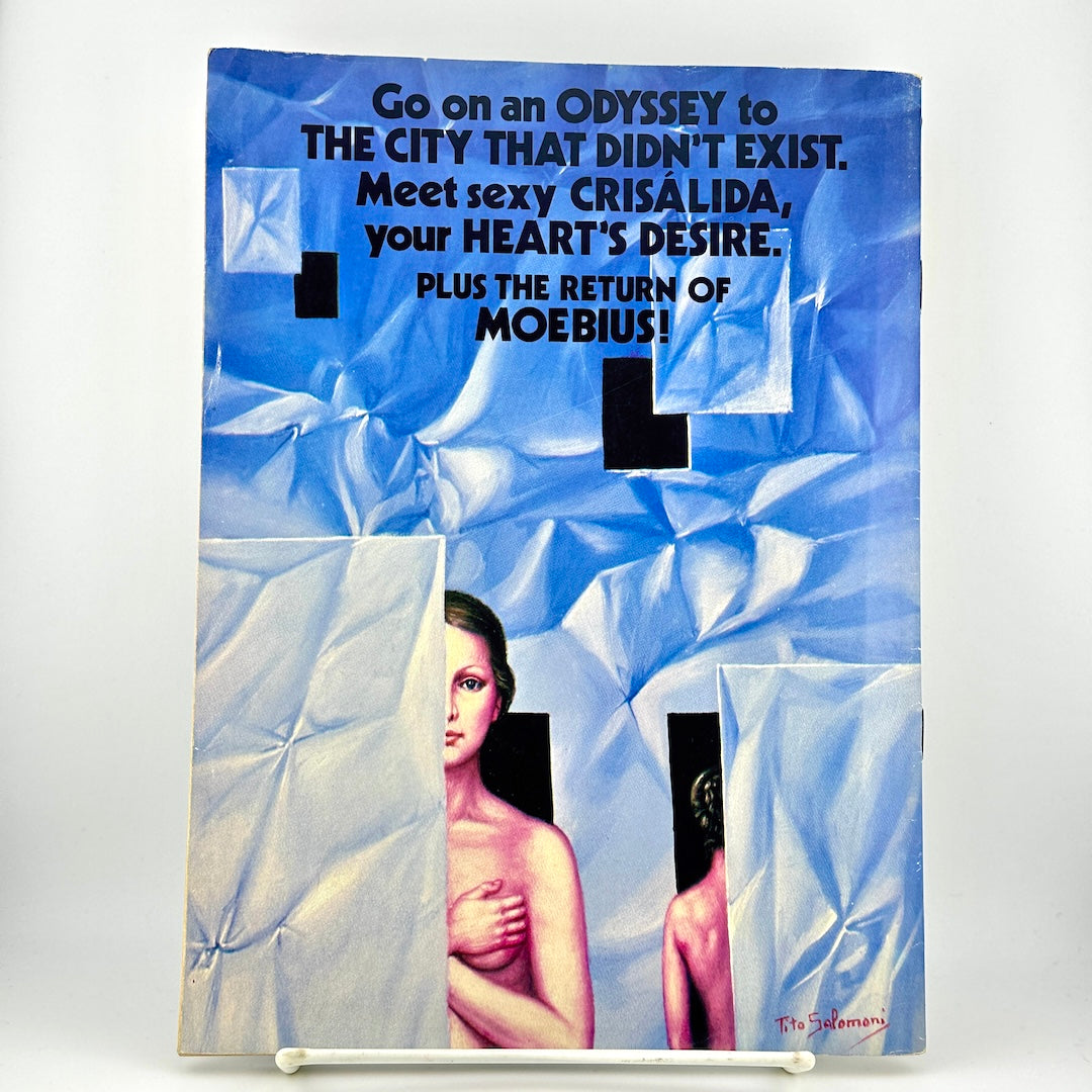 Back cover of magazine with textured pattern and two nude figures beneath highlights of issue in black print.