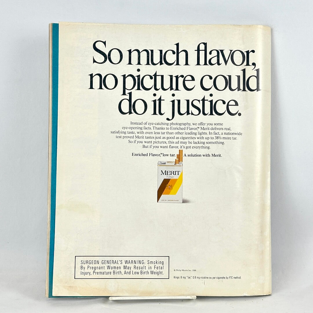 Back cover of magazine with full page ad for Merit cigarettes with large text and image of cigarette pack.