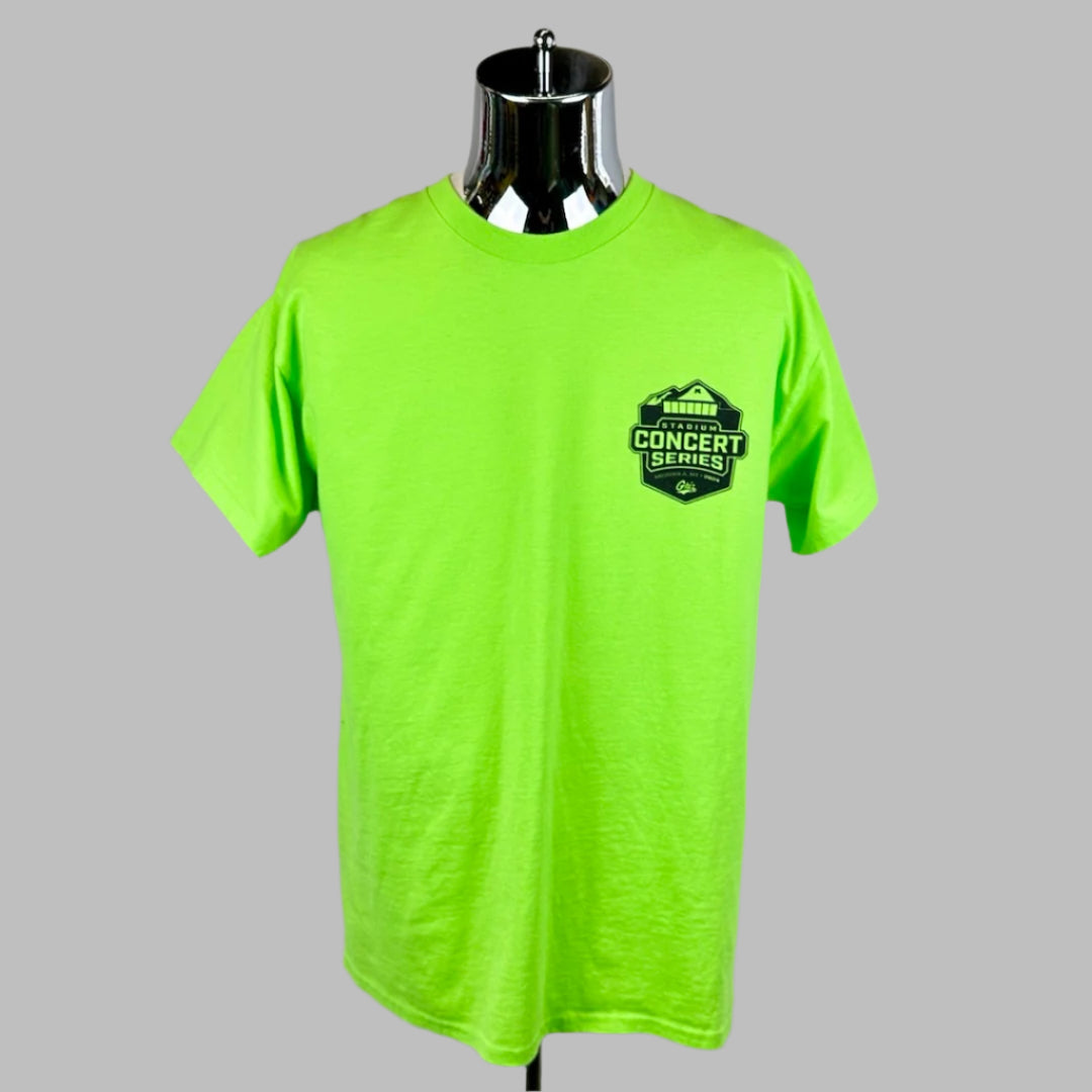 Neon green short sleeved shirt with logo for the 2024 stadium season on right breast.