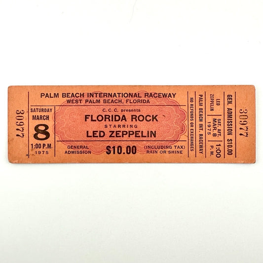 Orange rectangular concert ticket #30977 with black print for Florida Rock starring Led Zeppelin in Florida in 1975.
