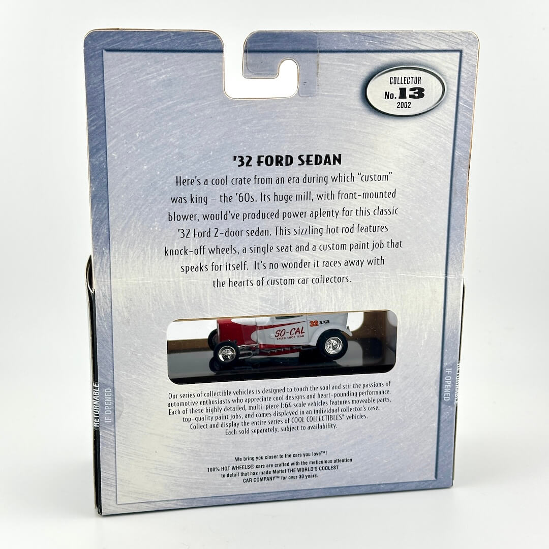 Back of a packaged collectible model car package with printed text about a '32 Ford Sedan and a small window.