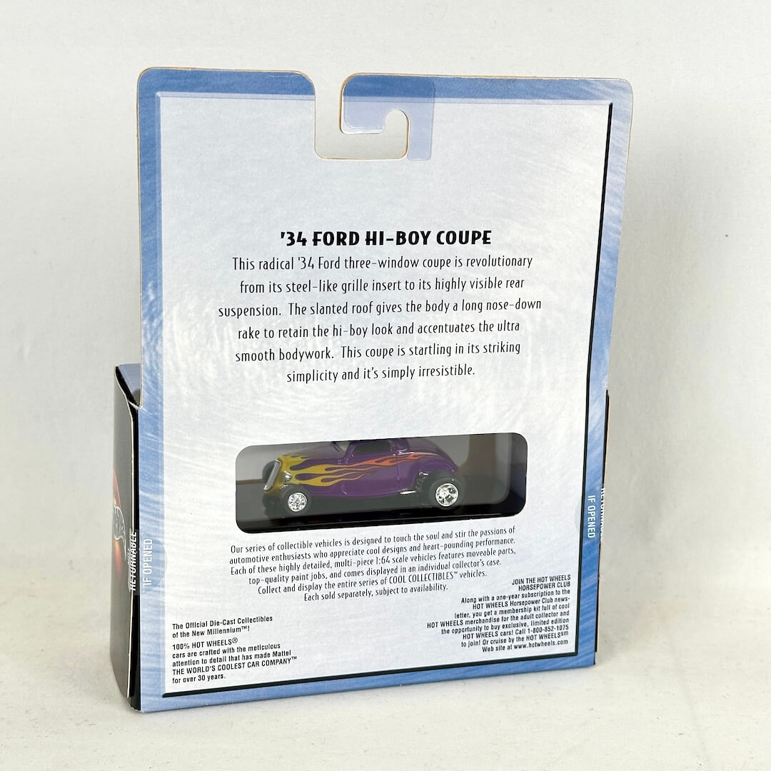 The back of a '34 Ford Hi-Boy Coupe die-cast model car packaging box, featuring a printed car description, & product text.