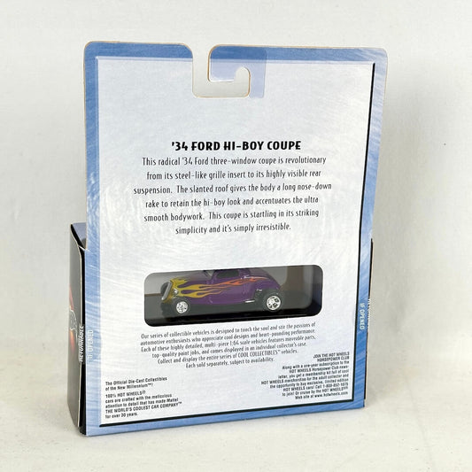 The back of a '34 Ford Hi-Boy Coupe die-cast model car packaging box, featuring a printed car description, & product text.