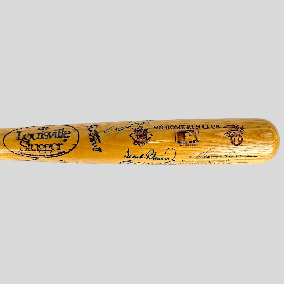 Wooden baseball bat with burned in text and multiple signatures.