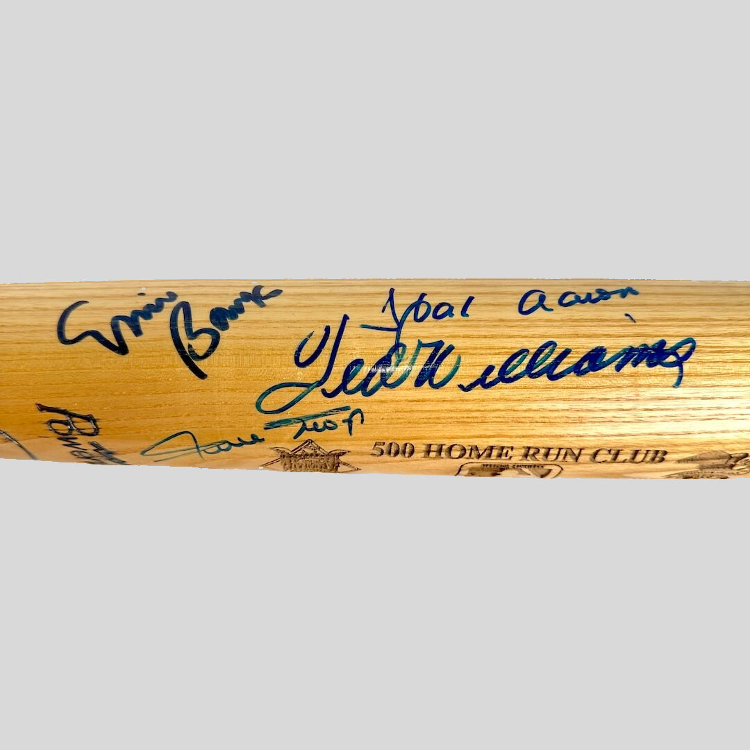Baseball bat with autographs on a gray background