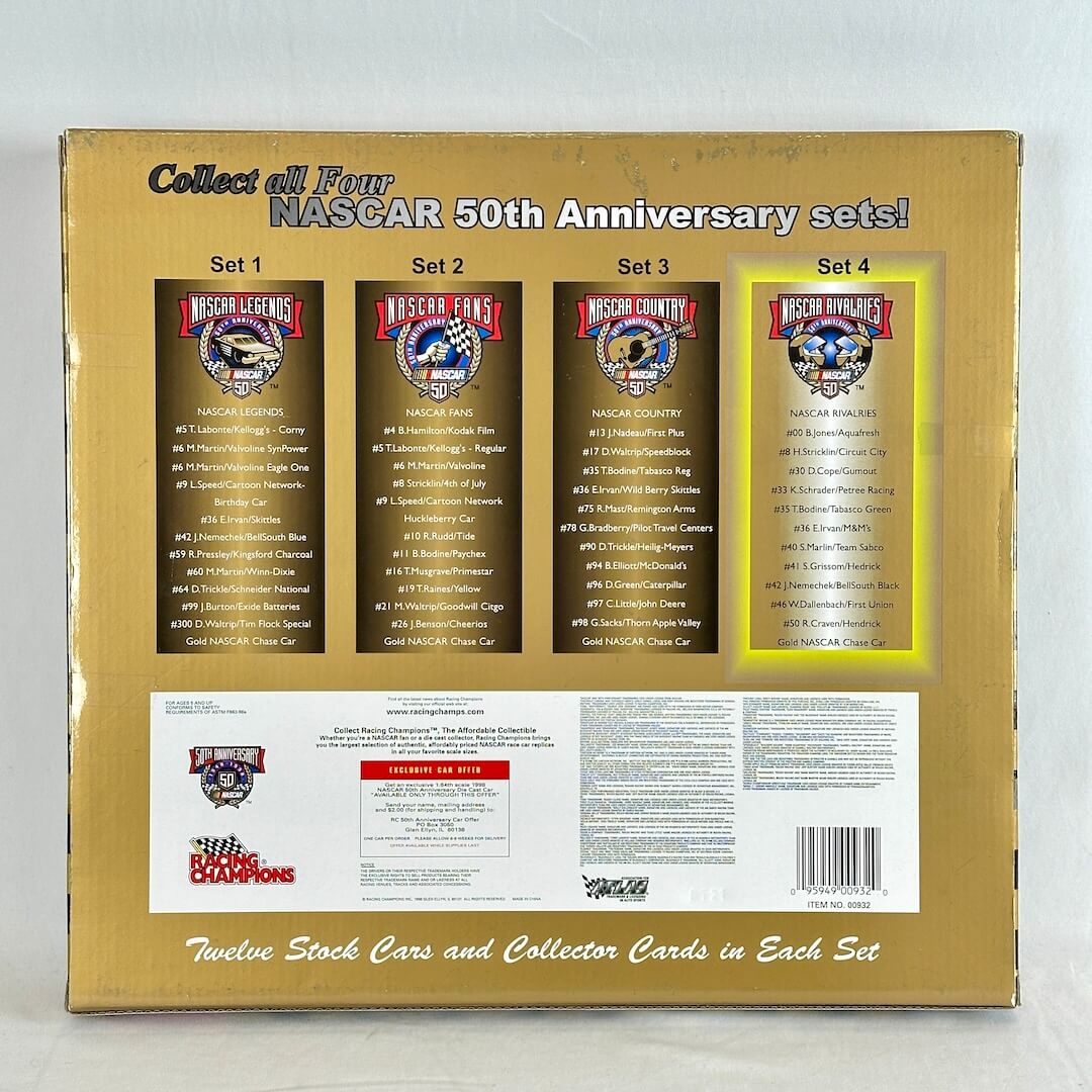 NASCAR 50th Anniversary collector car set box showing the back of the packaging with four set previews and product details.