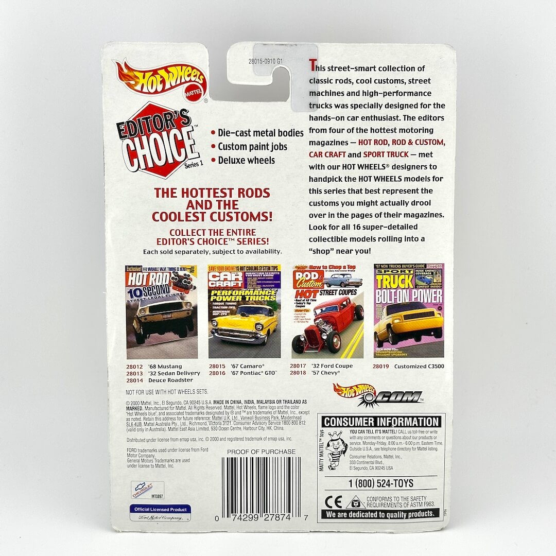 Back of a Hot Wheels Editor's Choice toy packaging card, showing product details, magazine cover previews, & consumer info.