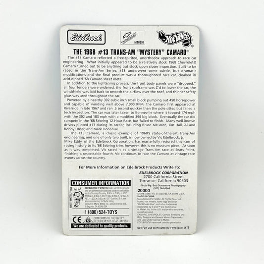 The back of a Hot Wheels Camaro packaging, featuring product specifications, & historical text.