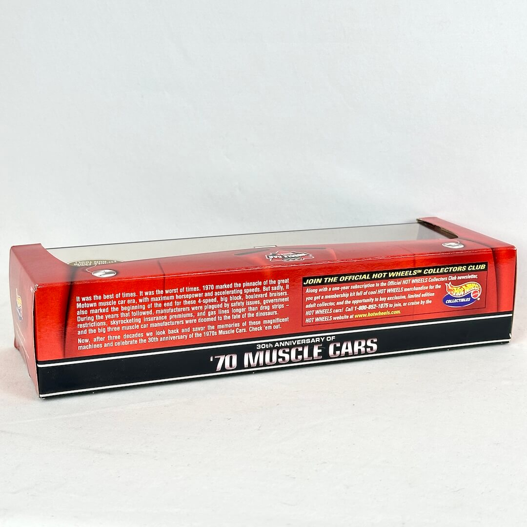 A red and black Hot Wheels '70 Muscle Cars 30th Anniversary collector's club display box with a clear plastic top window.