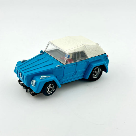 Model car with a blue body and white roof on a white background