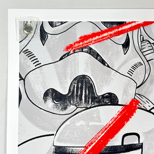 Black and white illustration of a stormtrooper with a red line crossing through it on a white background.