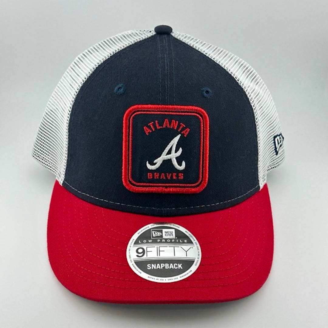 Baseball cap with red brim, black face & white plastic mesh back. Atlanta Braves "A" red/white/blue classic logo center-face.