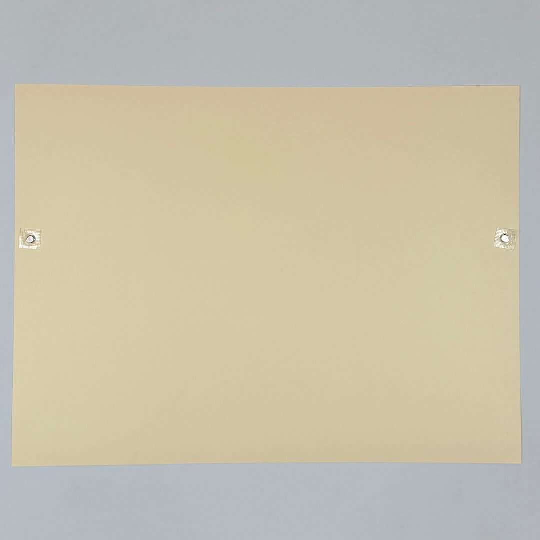 Backside of cream colored poster against white background.