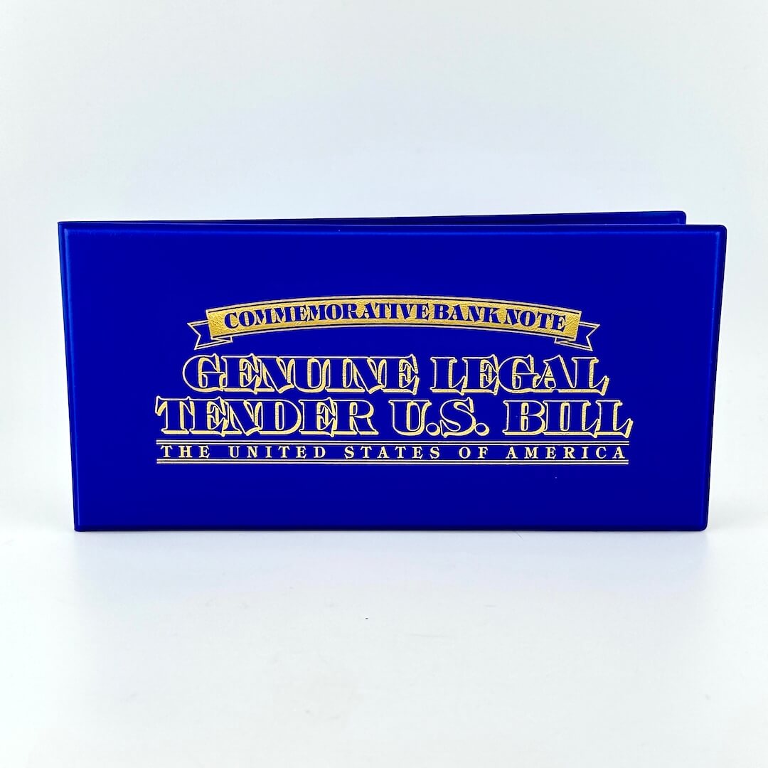 Blue holder with gold text for U.S. currency on a white background