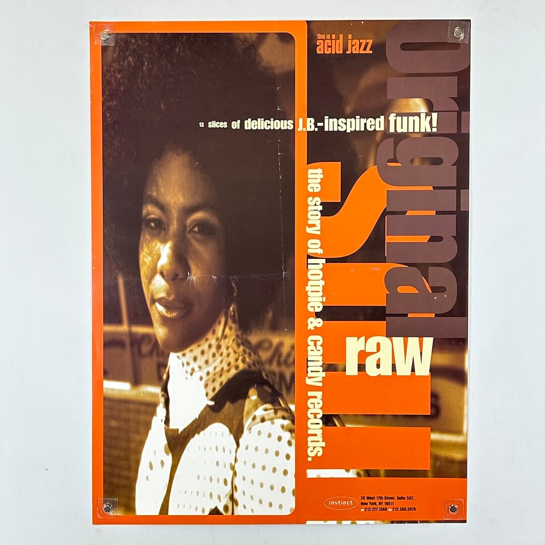 Poster with a woman's face and text about acid jazz and funk music on an orange and brown background.