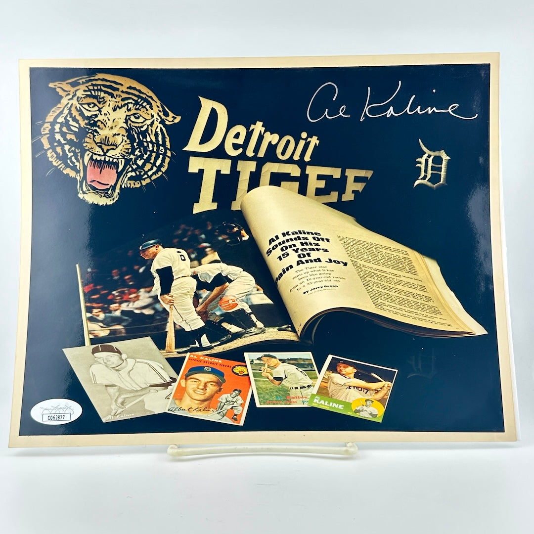 Photo of display of with baseball memorabilia featuring the Detroit Tigers logo and images of a player.