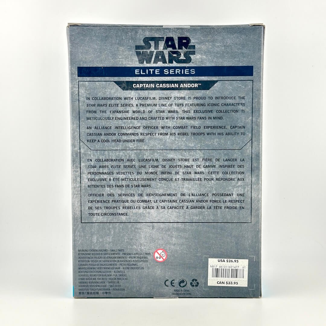 Back of a Star Wars Elite Series Captain Cassian Andor collectible figure box, showing product description.