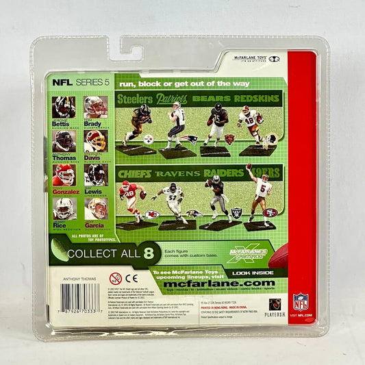 NFL action figure packaging with player images and team logos on a white background