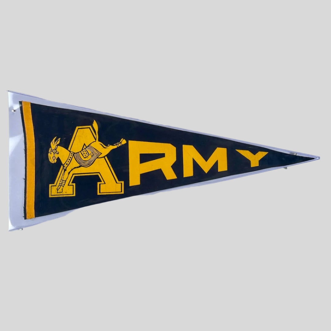 ARMY in varsity letters across navy blue pennant in gold letters with donkey mascot across A.