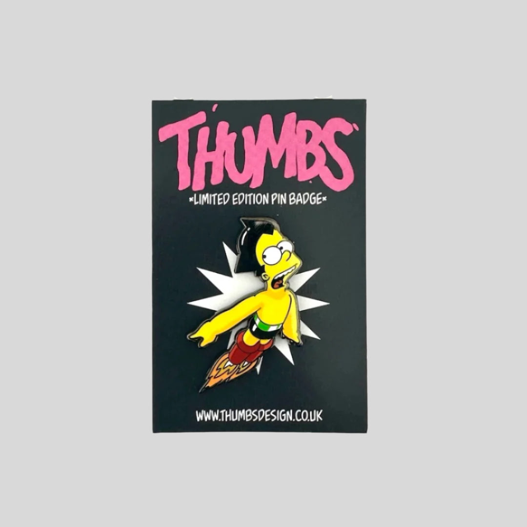 Bart Simpson portrayed as flying Astro Boy in form of hard enamel pin.