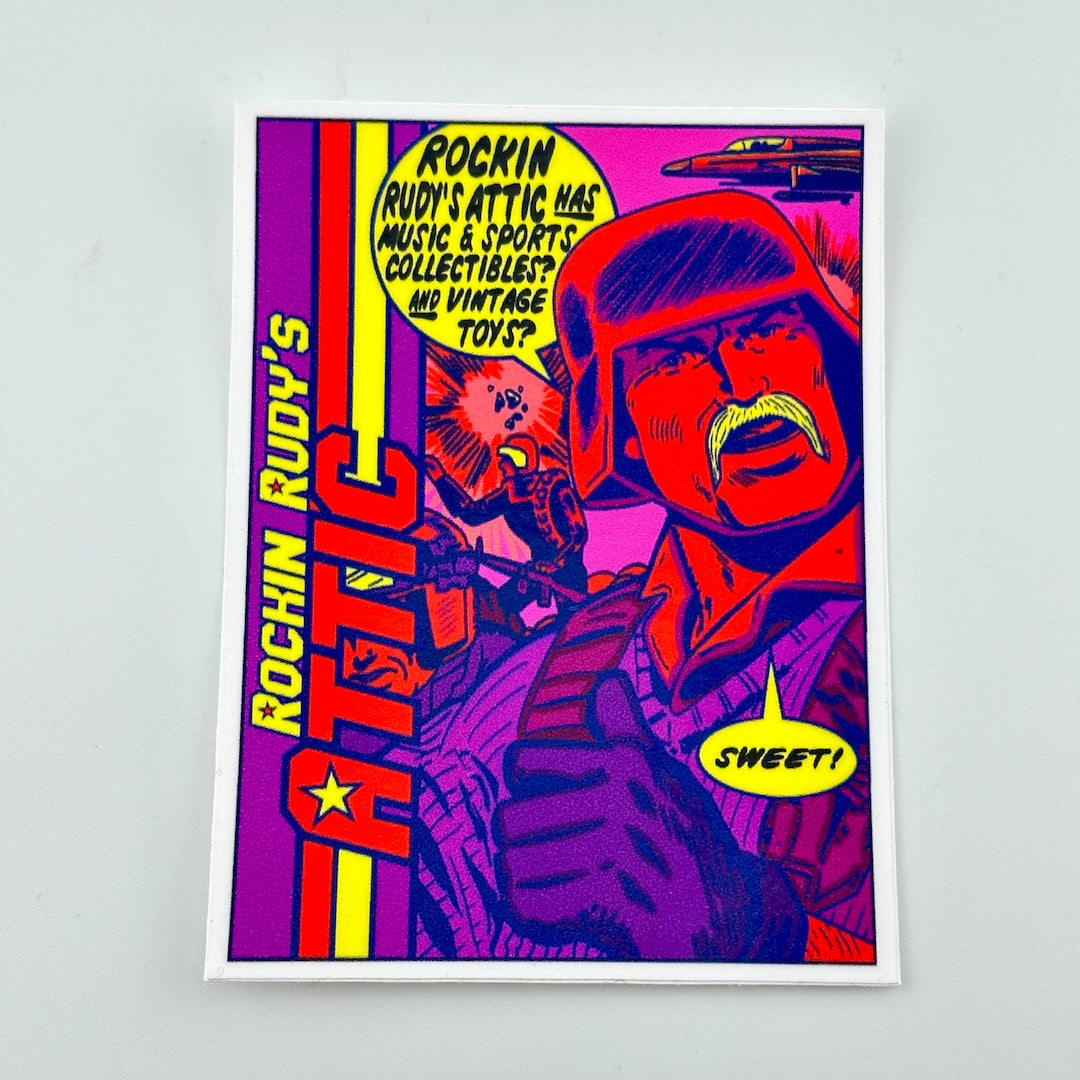 Sticker featuring G.I. Joe imagery in purple and reds against light gray background.