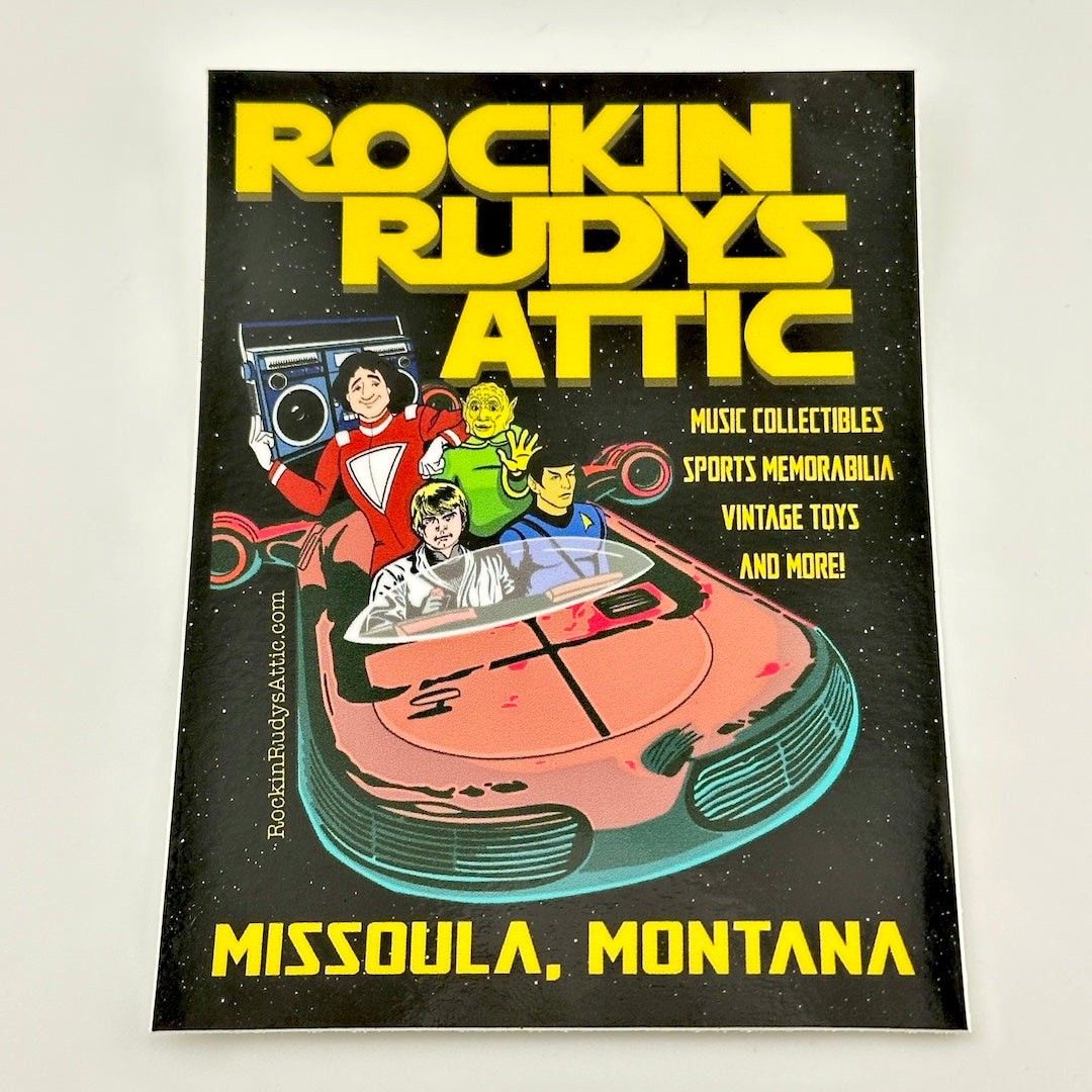Advertisement sticker for Rockin Rudy's Attic with cartoon characters and text on a black background