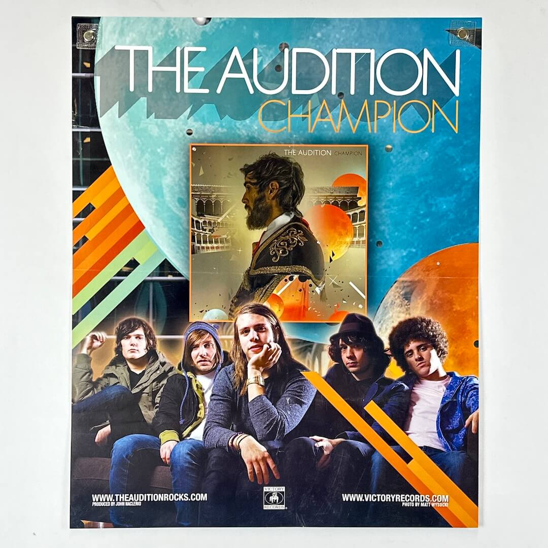 Promotional poster for upcoming album release with album artwork and picture of band on white background.