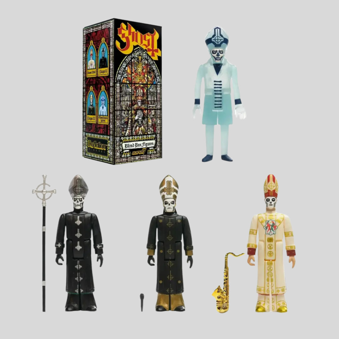 Four figures dressed in Catholic style robes and facepaint lined up next to box to show options.