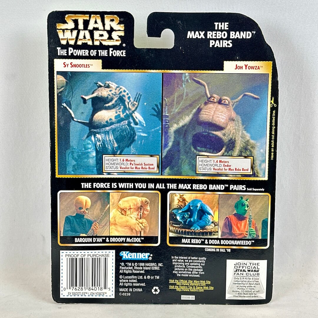 Star Wars action figure packaging with Max Rebo and Droopy McDool on a gray background