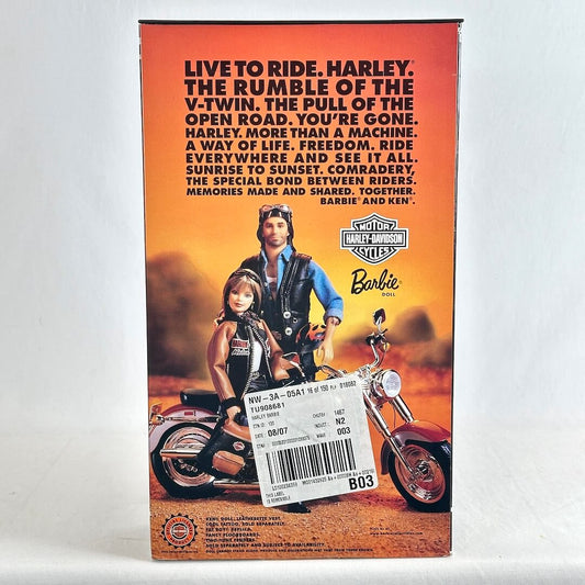 Barbie and Harley-Davidson figure box back, featuring artwork of Ken and Barbie on a motorcycle against an orange sunset.