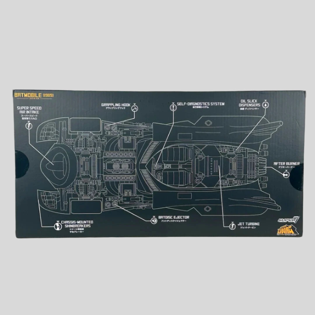 Back of box with white schematic of Batmobile showing vehicle details and features.